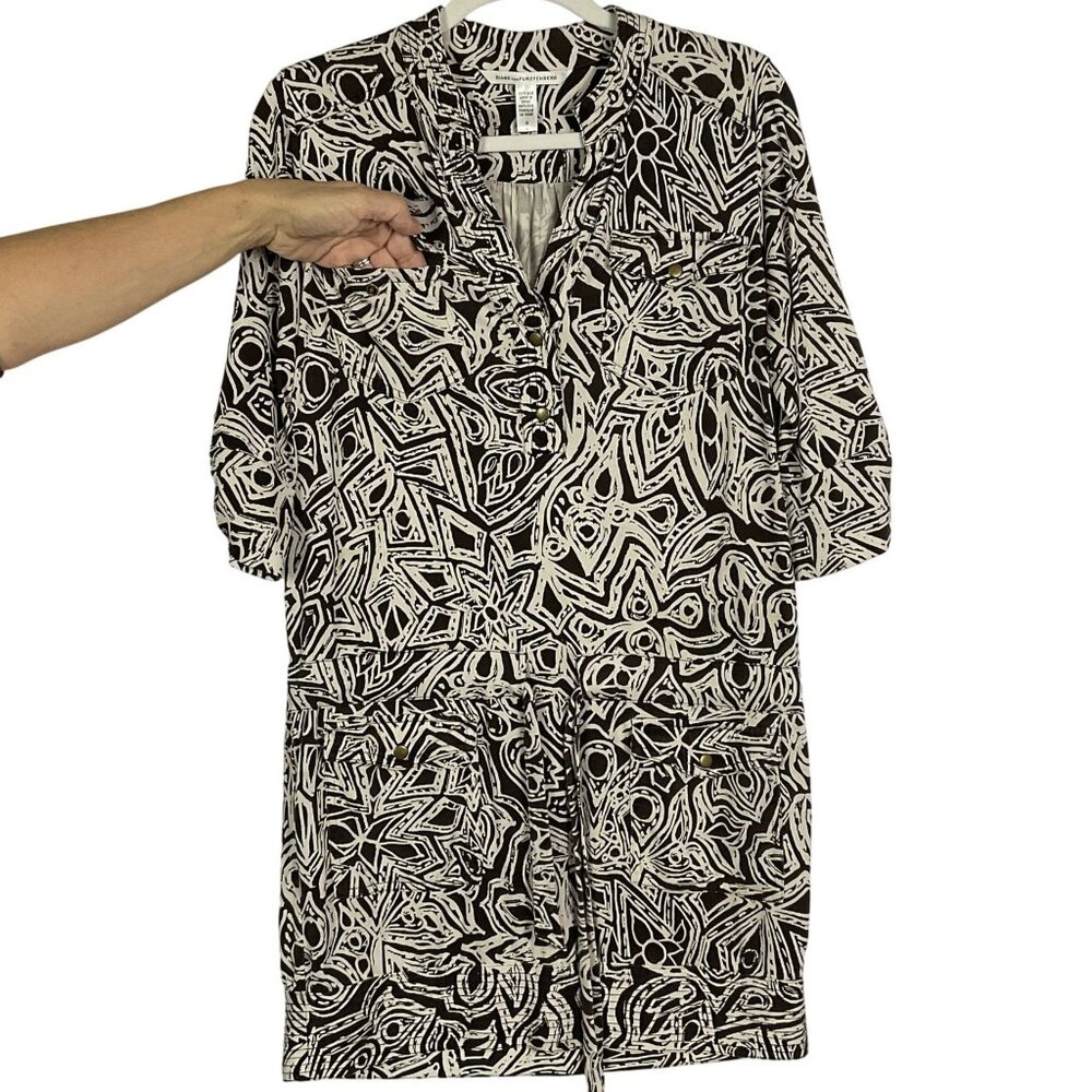 Diane von Furstenberg brown and white printed 3/4 sleeve silk shift dress, sz 10 - Picture 3 of 11